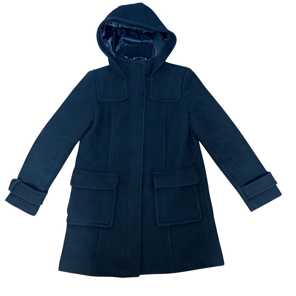 Banana Republic Black Wool Hooded Parka Pea Coat Womens Small Full Zip Snap Chic